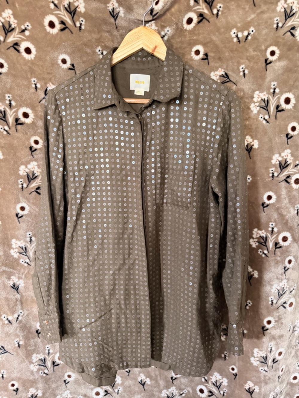 Maeve Olive Green Long Sleeve Sequin Button-Up Shirt